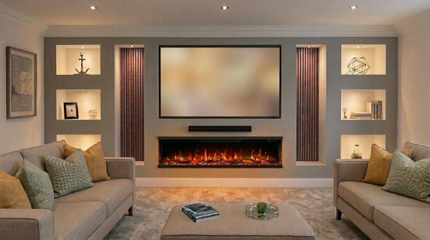 Luxion panoramic media wall electric fire installed in a modern living room media wall