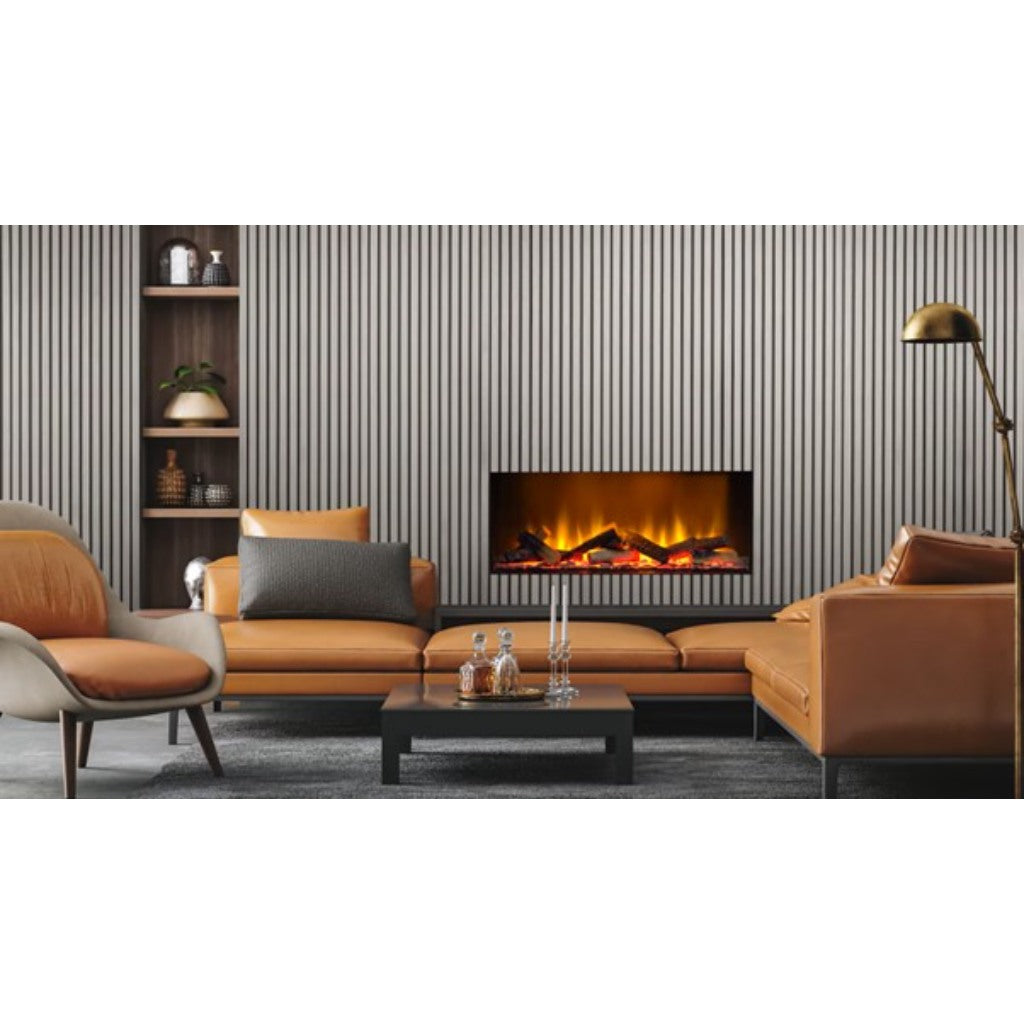 Oak acoustic wall panel with vertical slats behind a modern electric fireplace in a contemporary living room.
