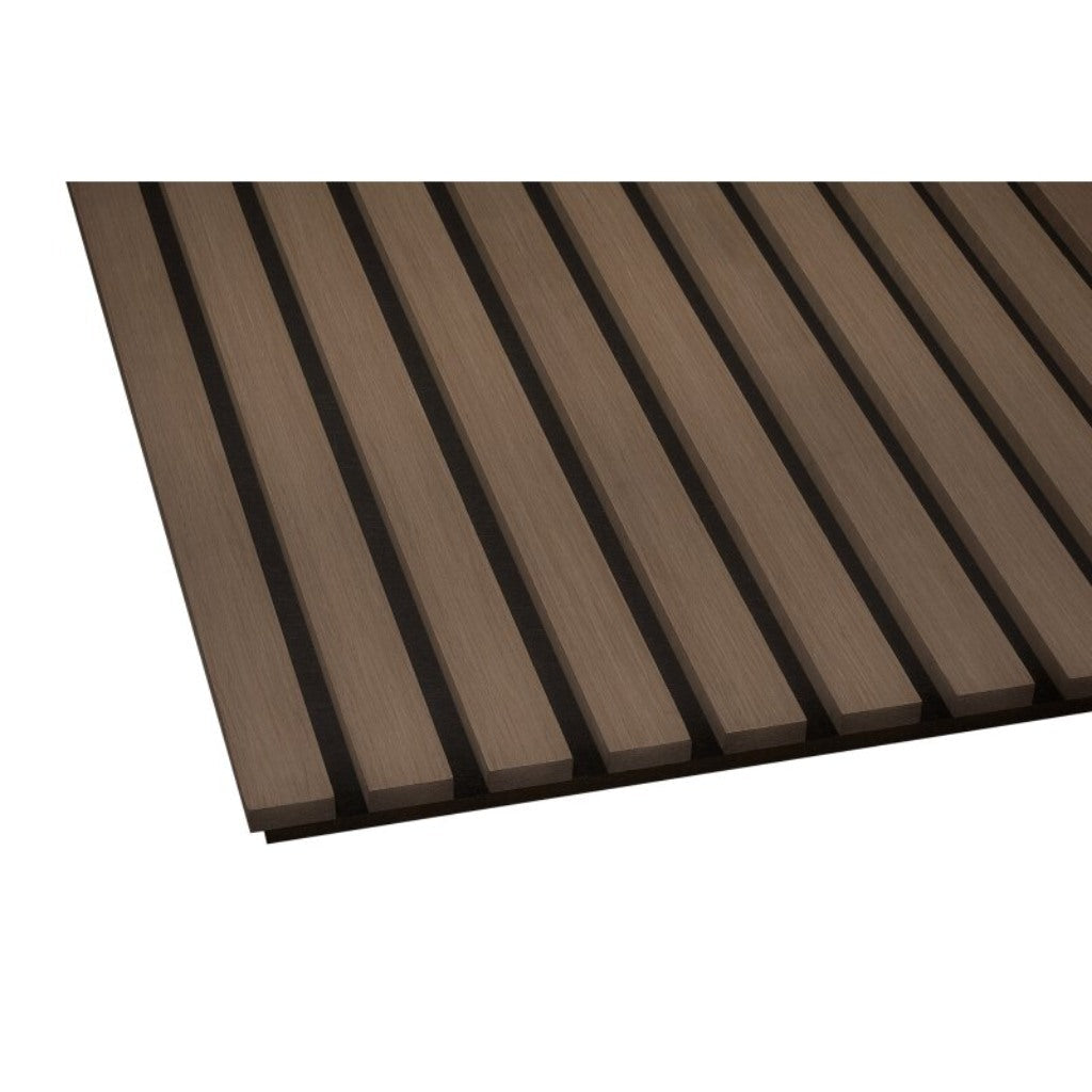 Acoustic wall panel in oak finish featuring vertical wooden slats set against a black felt backing.