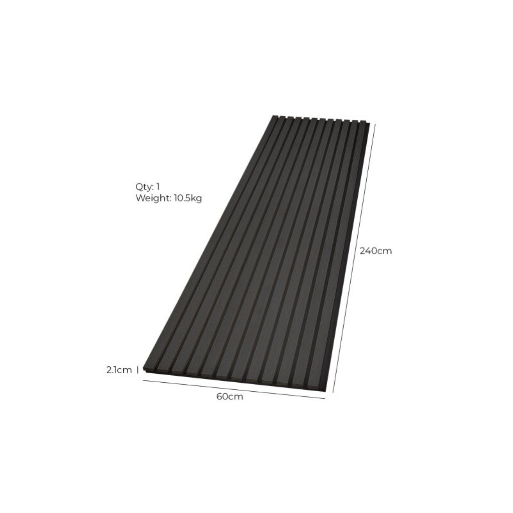 Black acoustic wall panel with vertical slats, shown with dimensions 240cm by 60cm and a 2.1cm depth.