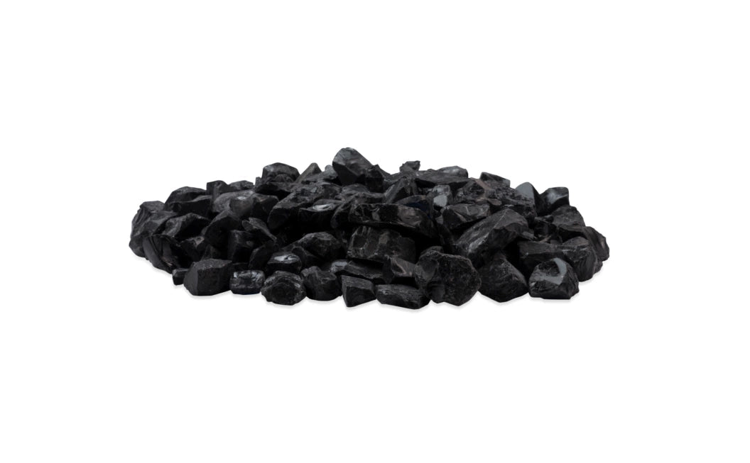 EcoSmart Fire Black Glass Charcoal pieces piled together, featuring a glossy, angular, and dark reflective finish.