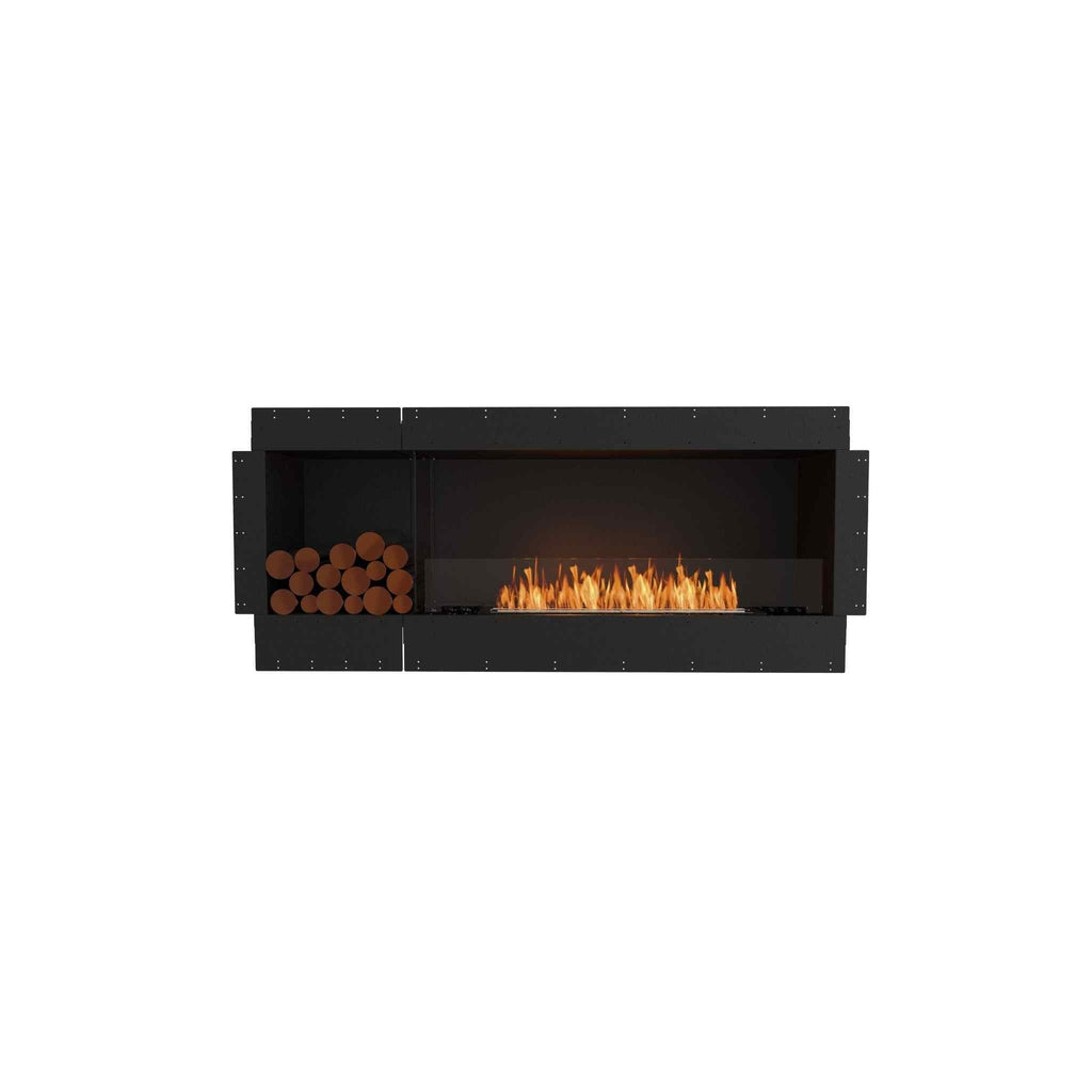 EcoSmart Fire Flex 68 bioethanol fireplace with a black frame, glass screen, and decorative logs on the left.