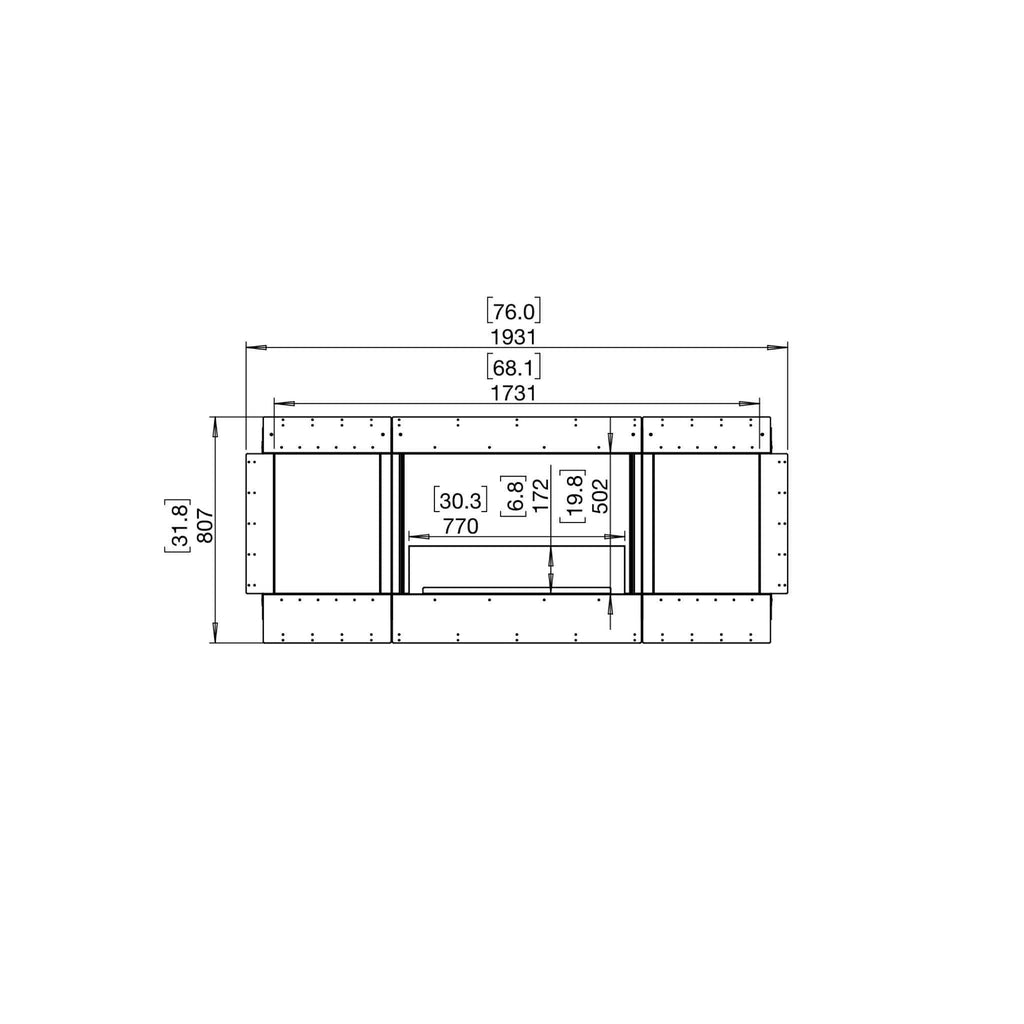 Technical line drawing of the EcoSmart Fire Flex 68 bioethanol fireplace insert with dimensions in black and white.