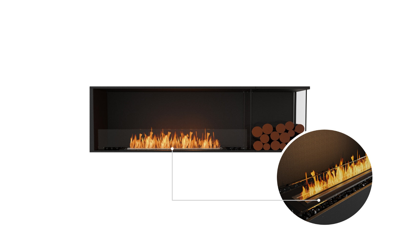 EcoSmart Fire Flex 68 bioethanol fireplace with black frame, glass screen, decorative logs, and a close-up flame detail.