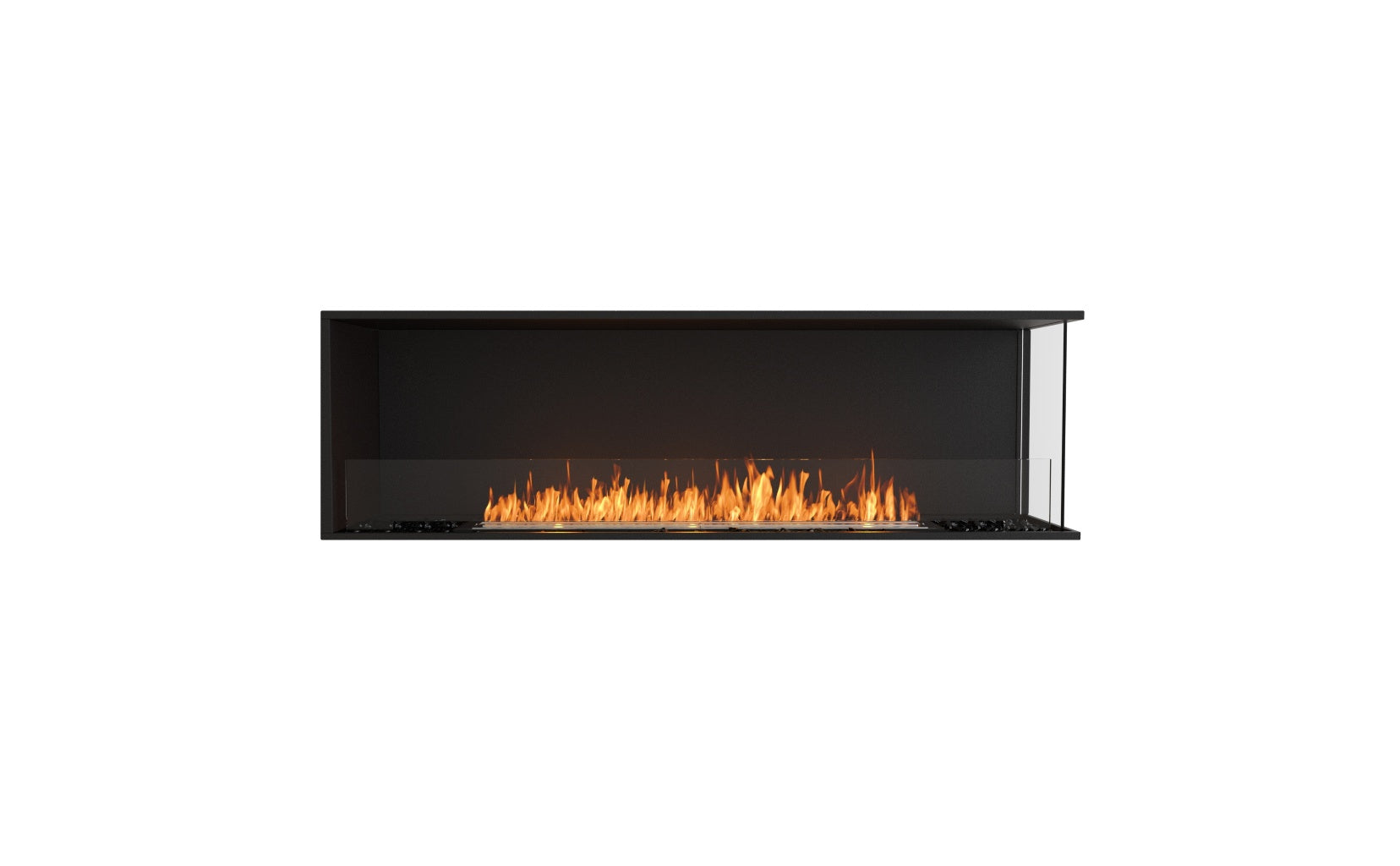 EcoSmart Fire Flex 68 bioethanol fireplace with a black frame, glass side panel, and a long, linear orange flame.