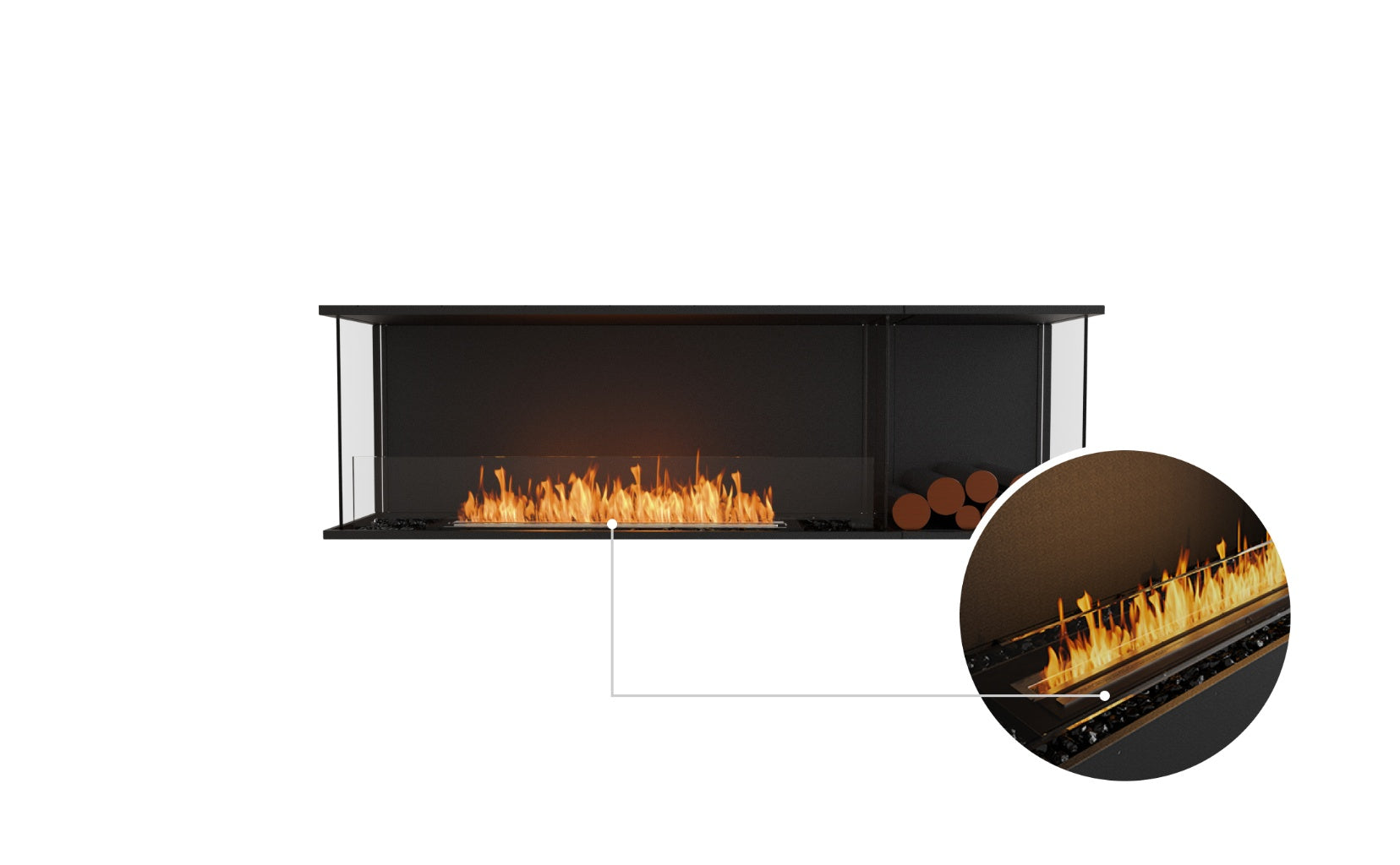 EcoSmart Fire Flex 68 bioethanol fireplace with a black frame, glass screen, and a close-up of the burner flame.