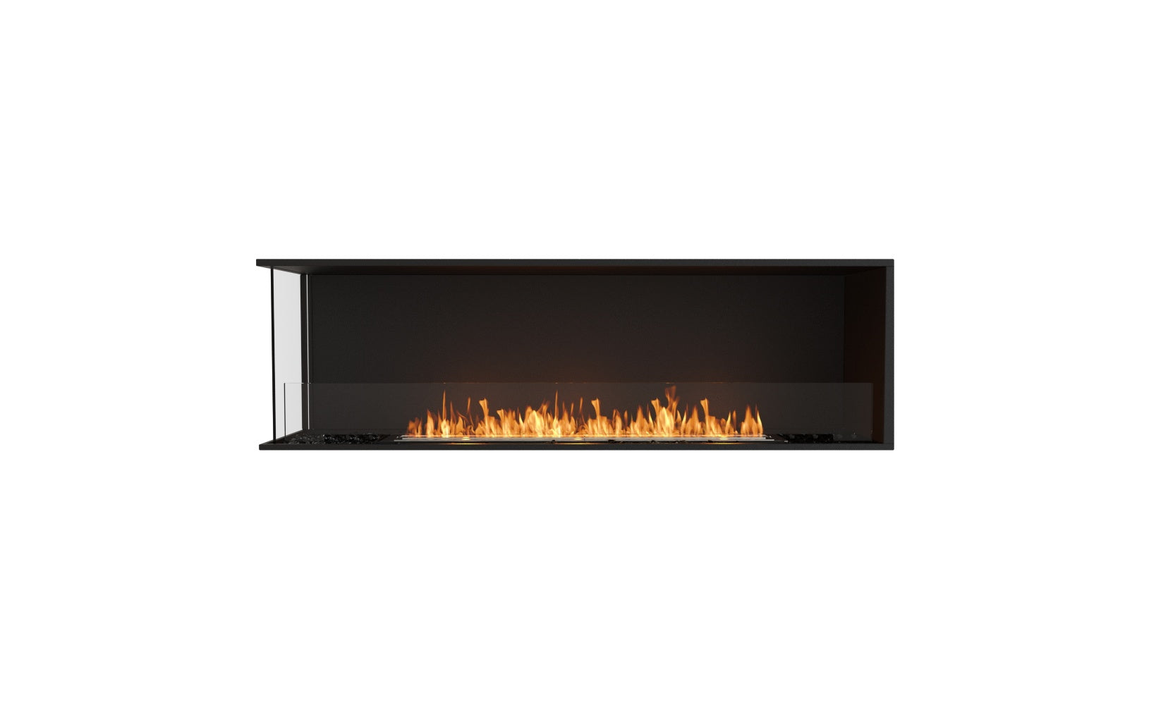 EcoSmart Fire Flex 68 bioethanol fireplace with a black frame, glass front, and a long, linear orange flame.