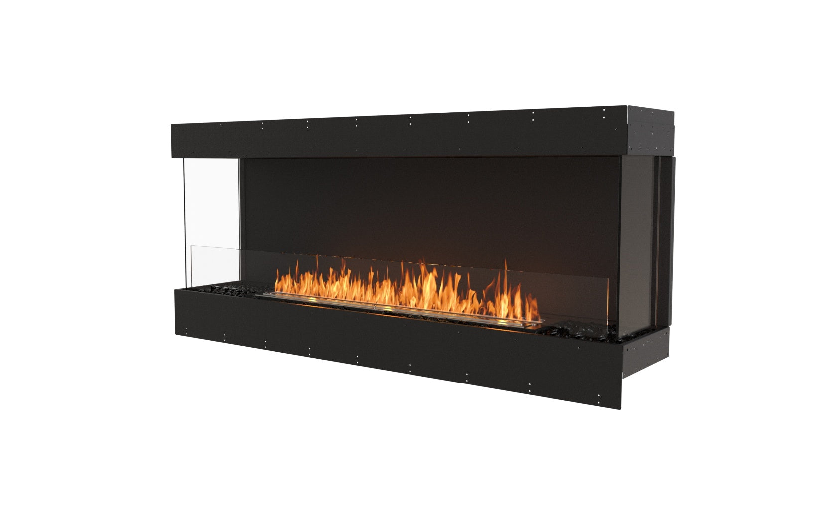 EcoSmart Fire Flex 68 bioethanol fireplace with a black frame, glass sides, and a long, linear flame on a white background.