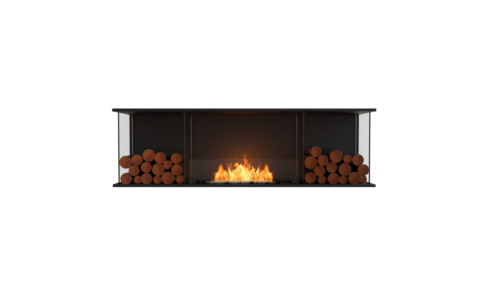EcoSmart Fire Flex 68 bioethanol fireplace with a black frame, glass sides, and decorative logs on white background.