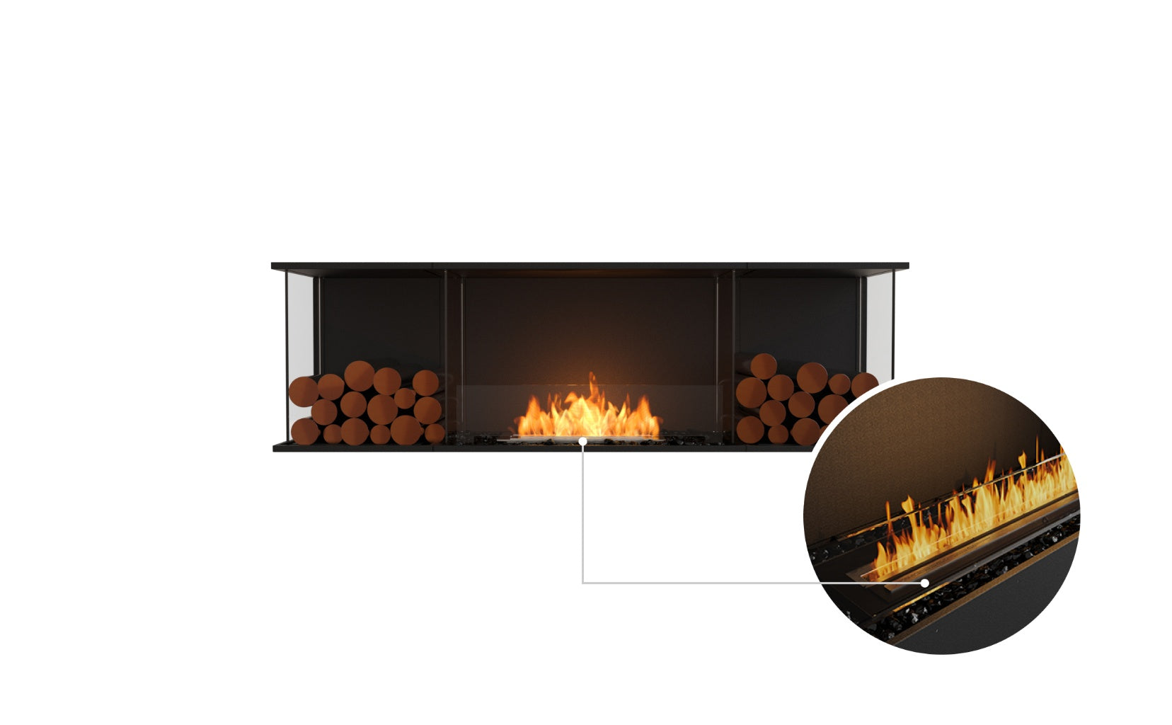 EcoSmart Fire Flex 68 bioethanol fireplace with black frame, glass sides, decorative logs, and a close-up of the burner.