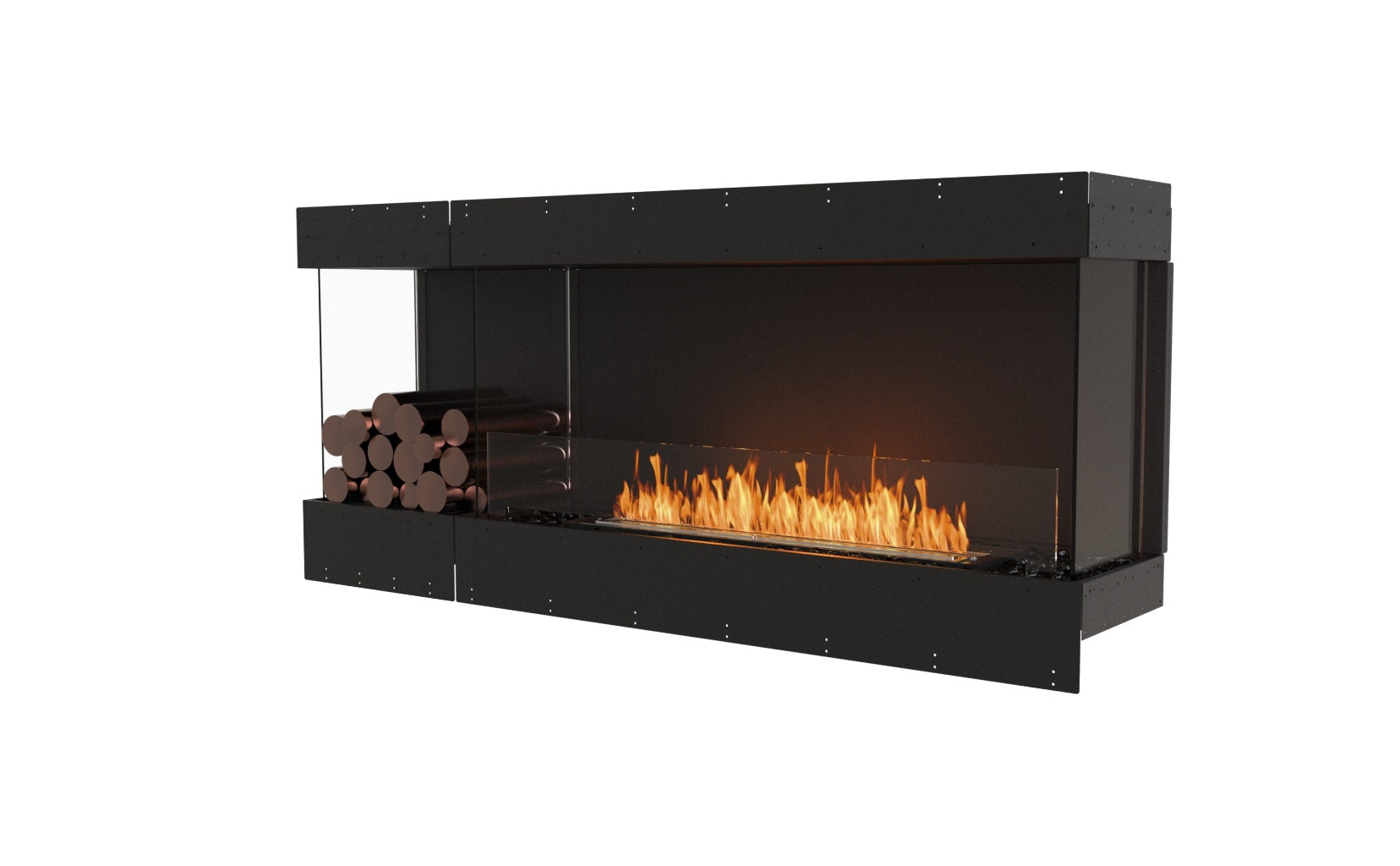 EcoSmart Fire Flex 68 bioethanol fireplace with a black frame, glass sides, and a decorative log storage section.