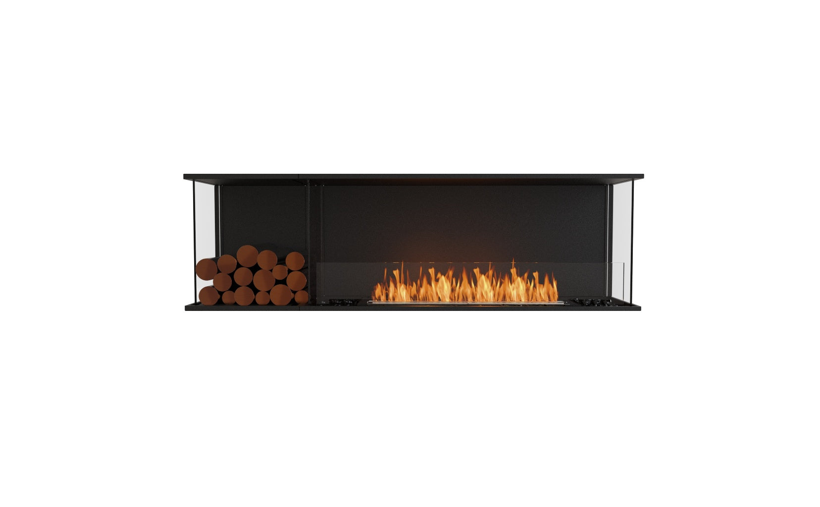 EcoSmart Fire Flex 68 bioethanol fireplace with a black frame, glass screen, and decorative logs on the left.