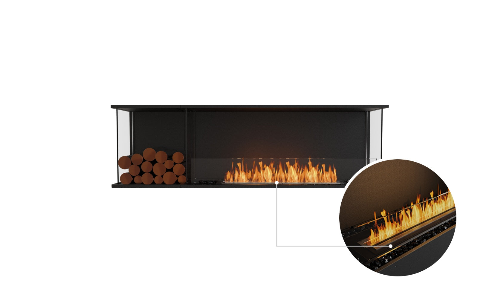 EcoSmart Fire Flex 68 bioethanol fireplace with black frame, log storage, and a zoomed-in view of the burning flame.