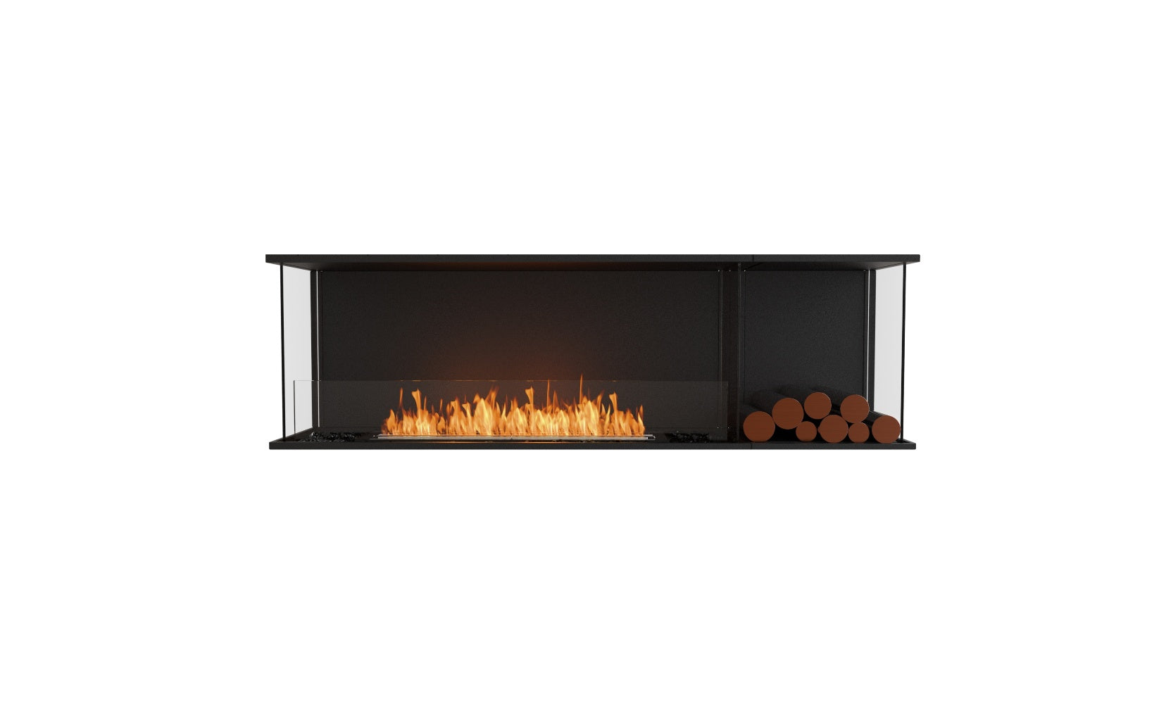 EcoSmart Fire Flex 68 bioethanol fireplace with a black frame, glass screen, linear flame, and decorative logs.
