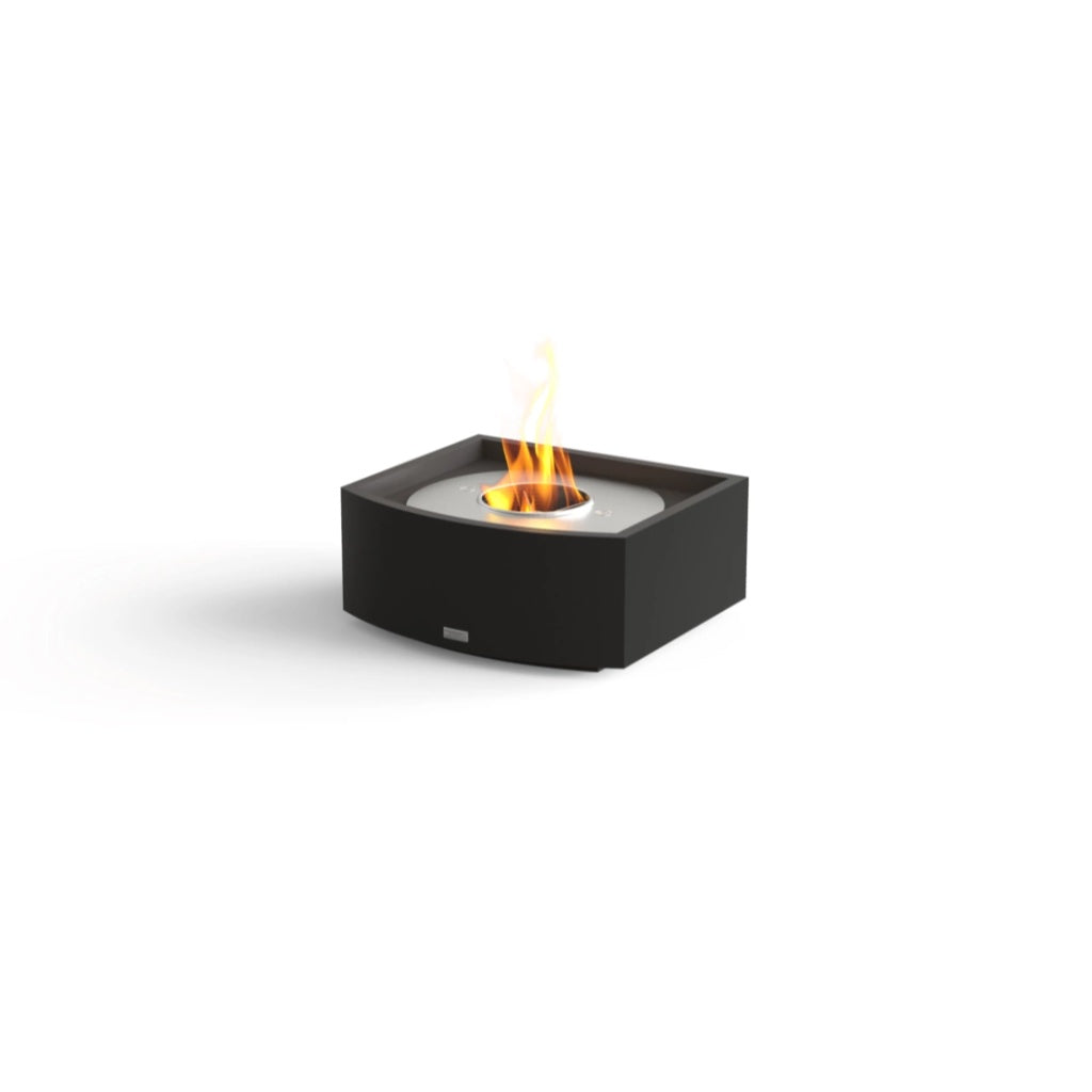 EcoSmart Fire Grate 18 fireplace with a black square frame, silver burner insert, and a small flickering flame.