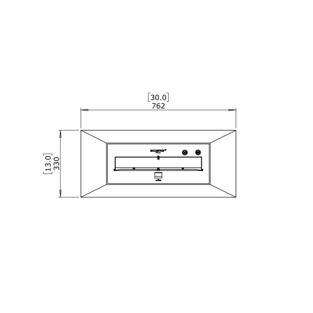 Technical line drawing of an EcoSmart Fire Grate 30 showing top-down dimensions of 762mm by 330mm.