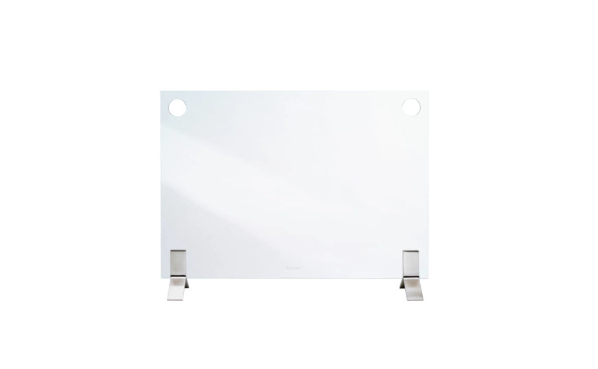 EcoSmart Fire Plasma Fire Screen featuring a clear rectangular glass panel with two circular cut-outs and metal feet.