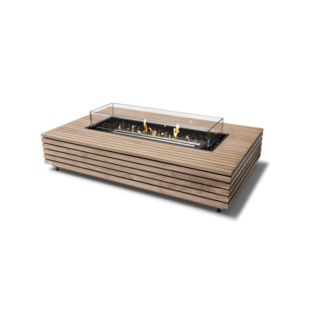 EcoSmart Fire Wharf 65 ethanol fire pit table with a slatted teak wood frame, glass screen, and central flame.