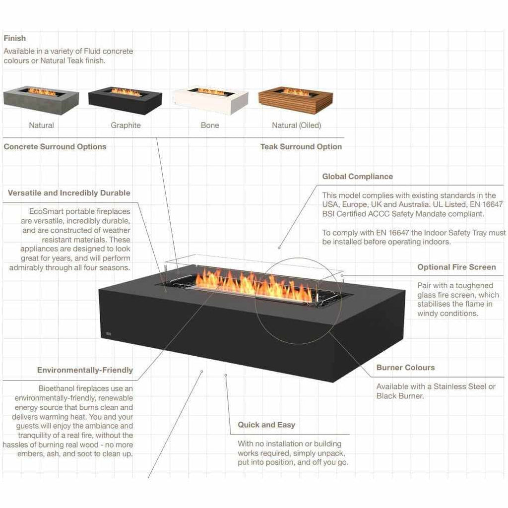 EcoSmart Fire Wharf 65 ethanol fire pit table showing concrete and teak finish options with a central flame burner.