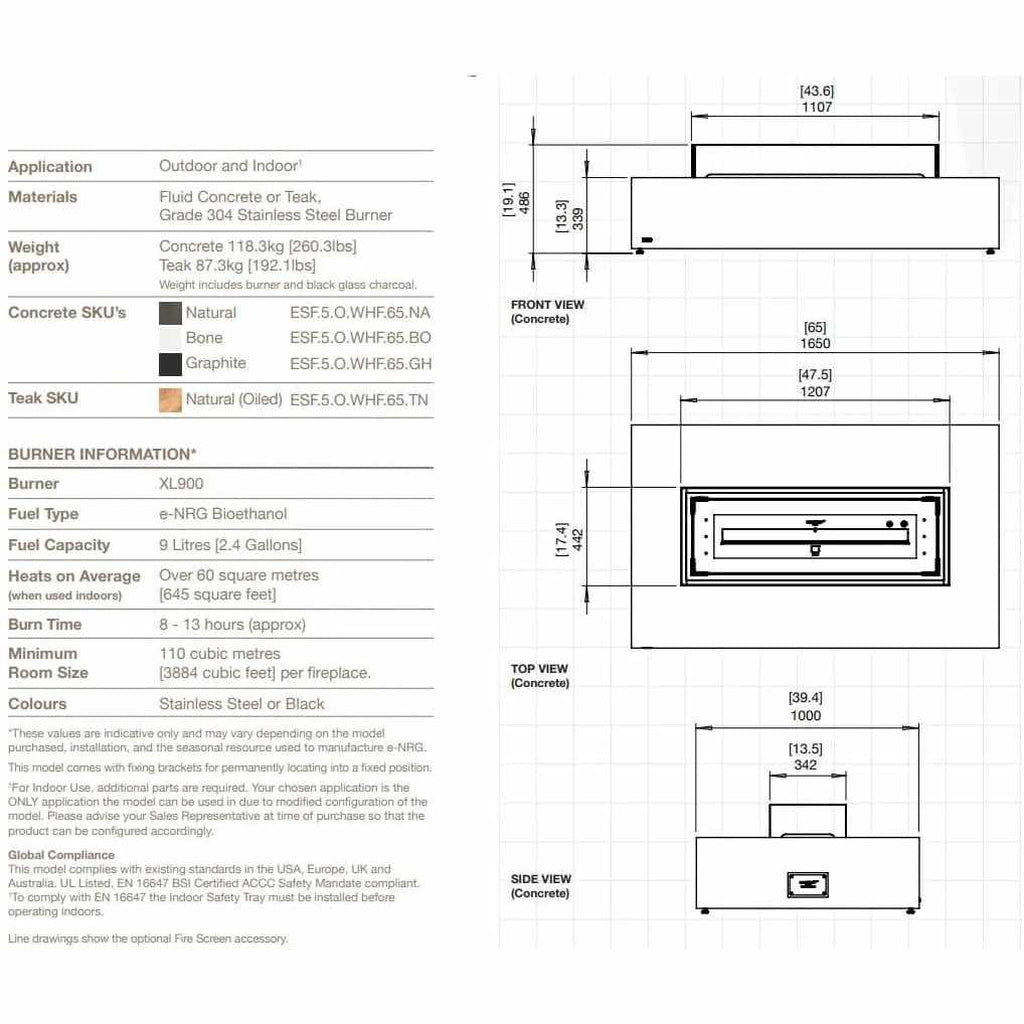 Technical line drawing of the EcoSmart Fire Wharf 65 showing front, top, and side dimensions with burner details.
