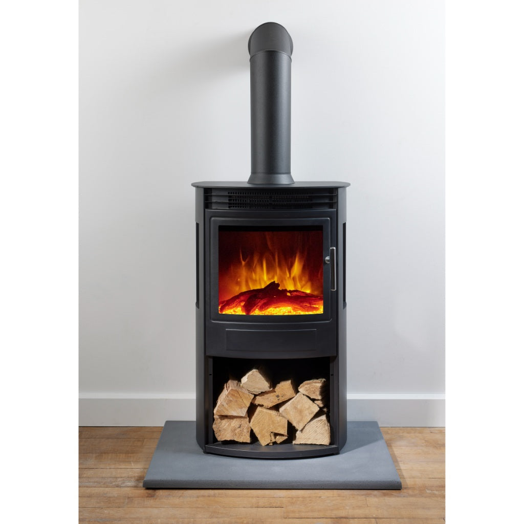 Flametek Alto T3 panoramic electric stove in black with a log storage compartment and a decorative flue pipe.