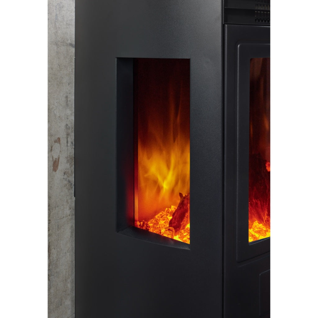 Flametek Alto T3 panoramic electric stove side view with matte black finish and glowing crystal fuel bed.