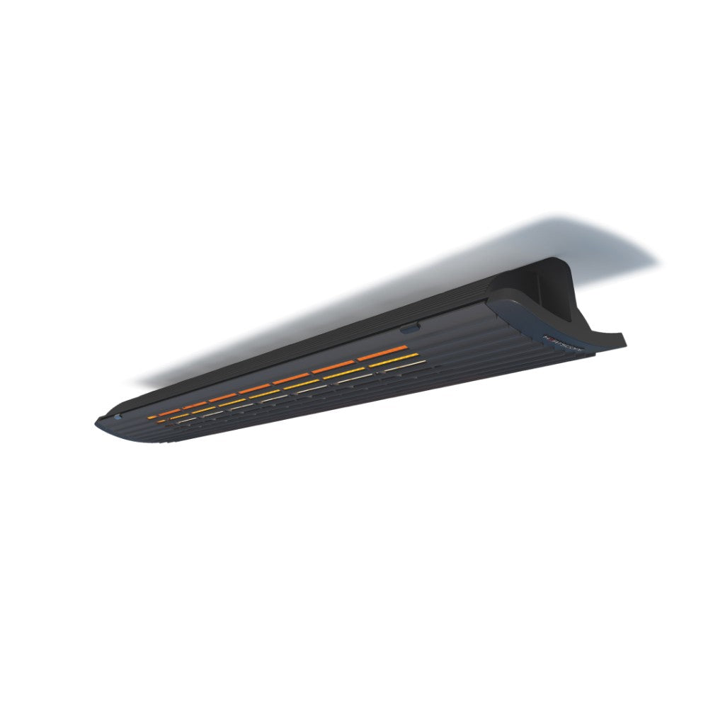 Heatscope Heaters Next 3000w electric radiant heater in black with glowing orange heating elements, ceiling mounted.
