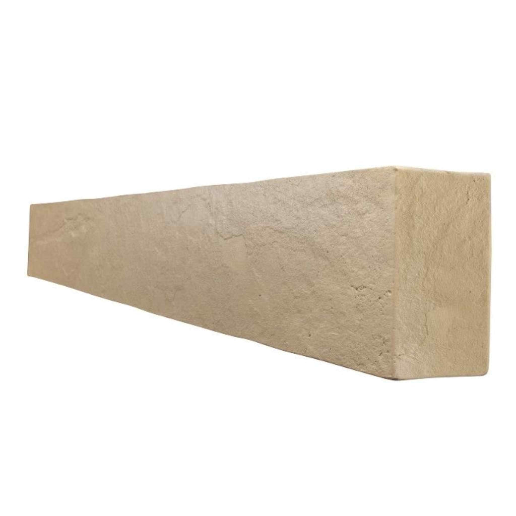 OER 48 inch fireplace beam in a textured, light beige stone-effect finish viewed from a side angle.