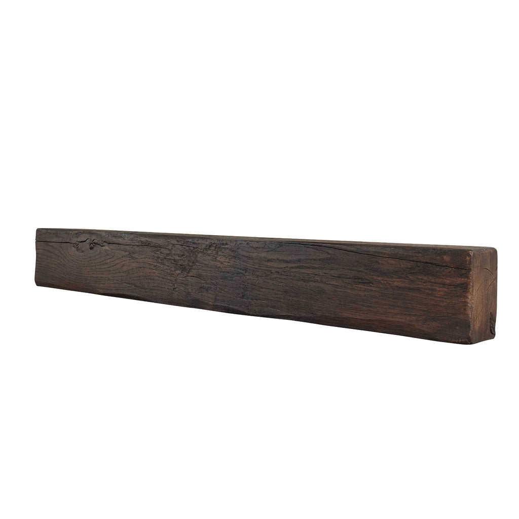 OER Artisan 48 inch fireplace beam in a dark, rustic wood-effect finish with a textured, weathered grain.