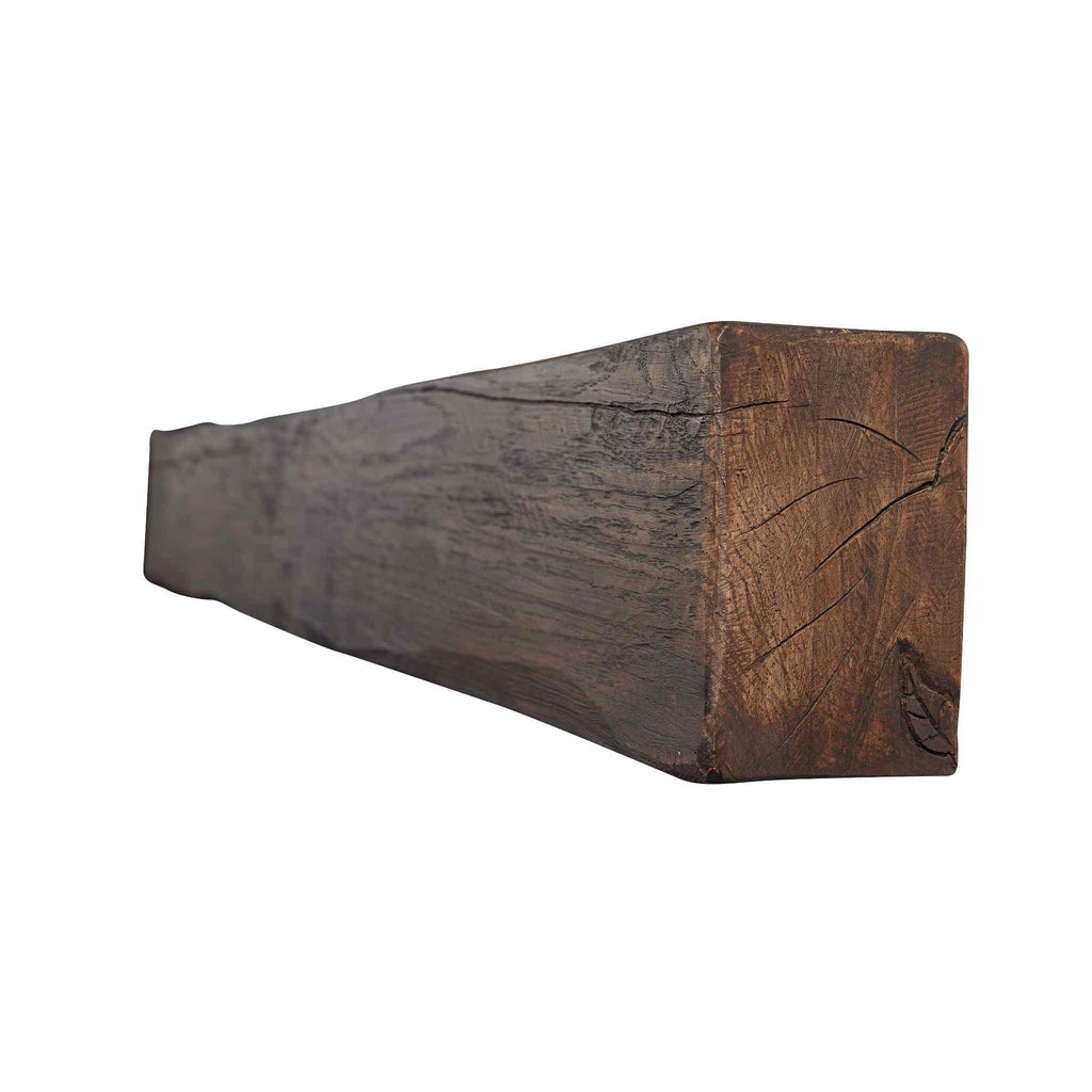OER Artisan 48 inch geocast fireplace beam in a dark brown, rustic wood-effect finish with a textured grain.