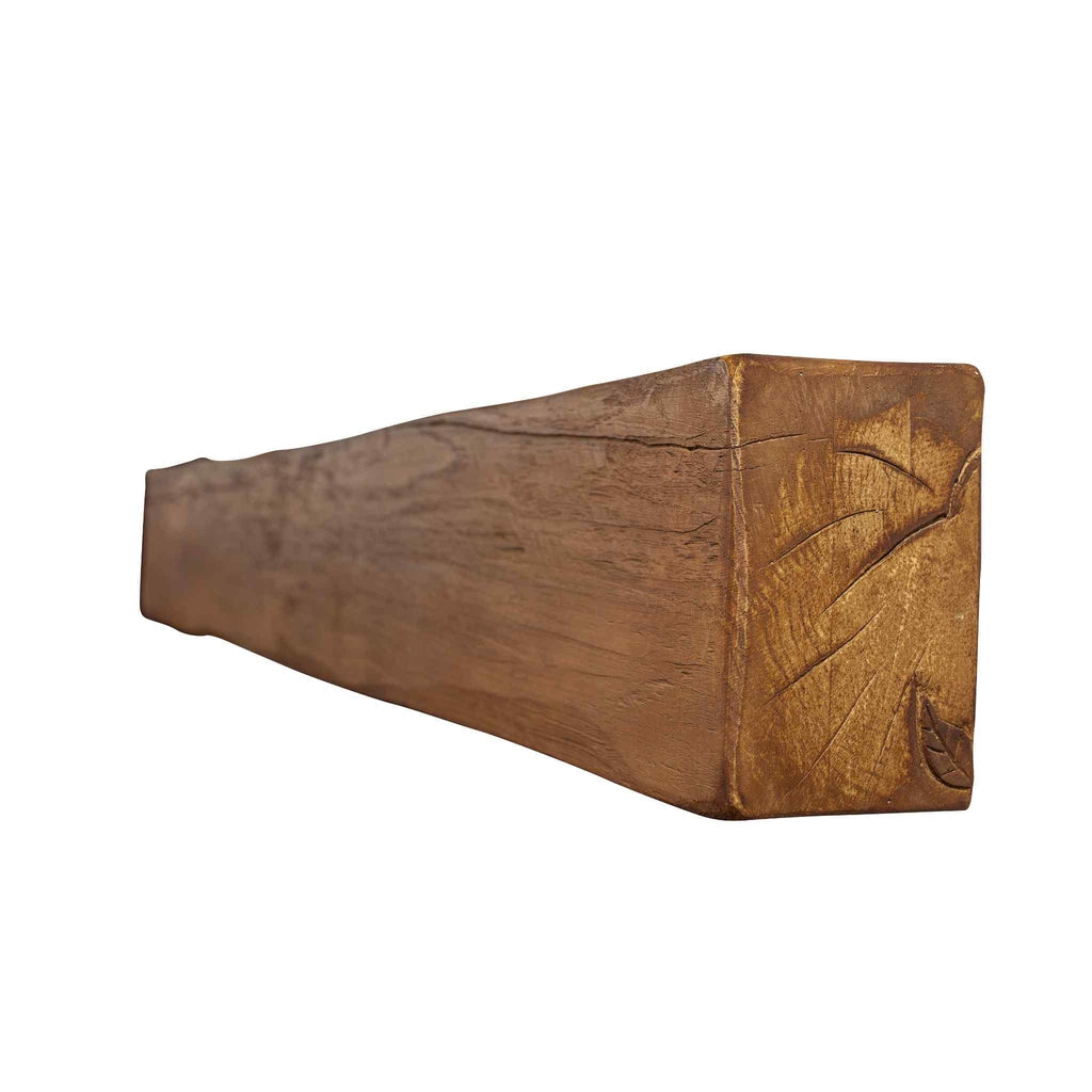OER Artisan 48 inch fireplace beam in a rustic brown wood-effect finish with a textured grain and end-grain detail.