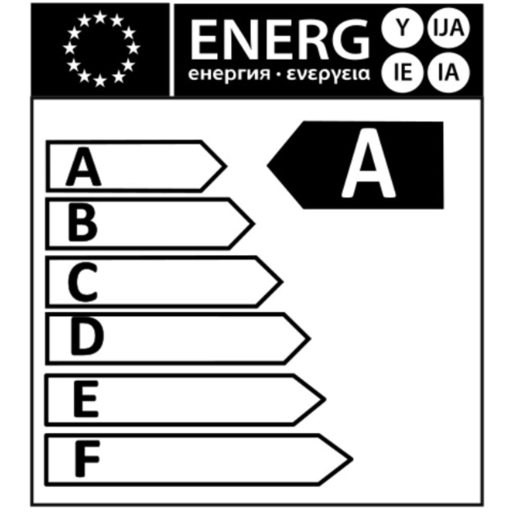 OER 8 MultiFuel 8KW Wood Burning Stove energy efficiency label showing an A rating on a black and white scale.