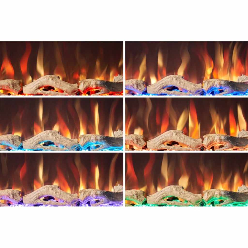 Orlando 36 Inch Media Wall Electric Fire Inset showing six different flame and ember bed colour settings.
