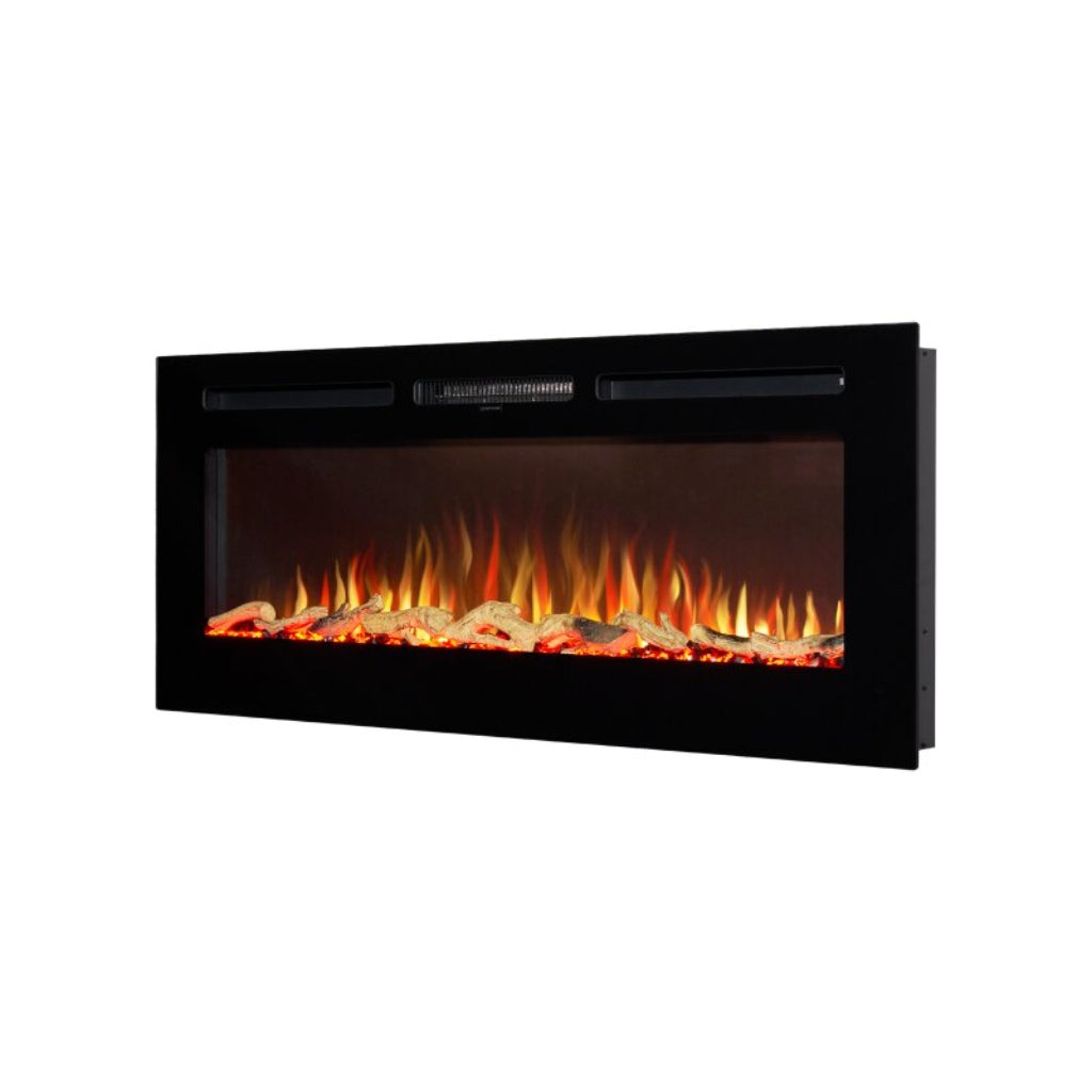 Orlando 42 Inch Media Wall Electric Fire Inset with a black frame and realistic glowing log fuel bed.
