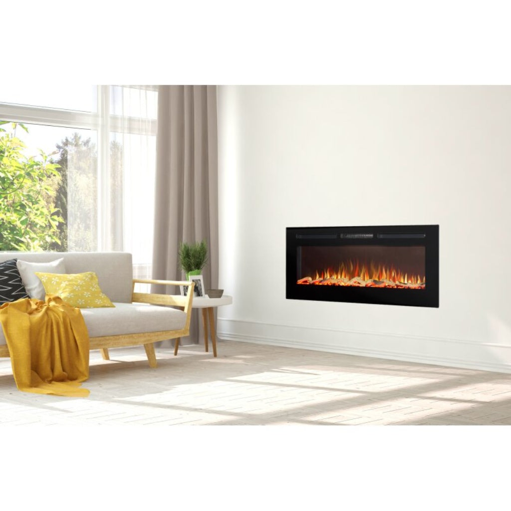 Orlando 42 Inch Media Wall Electric Fire Inset with a black frame and realistic glowing flame effect in a living room.