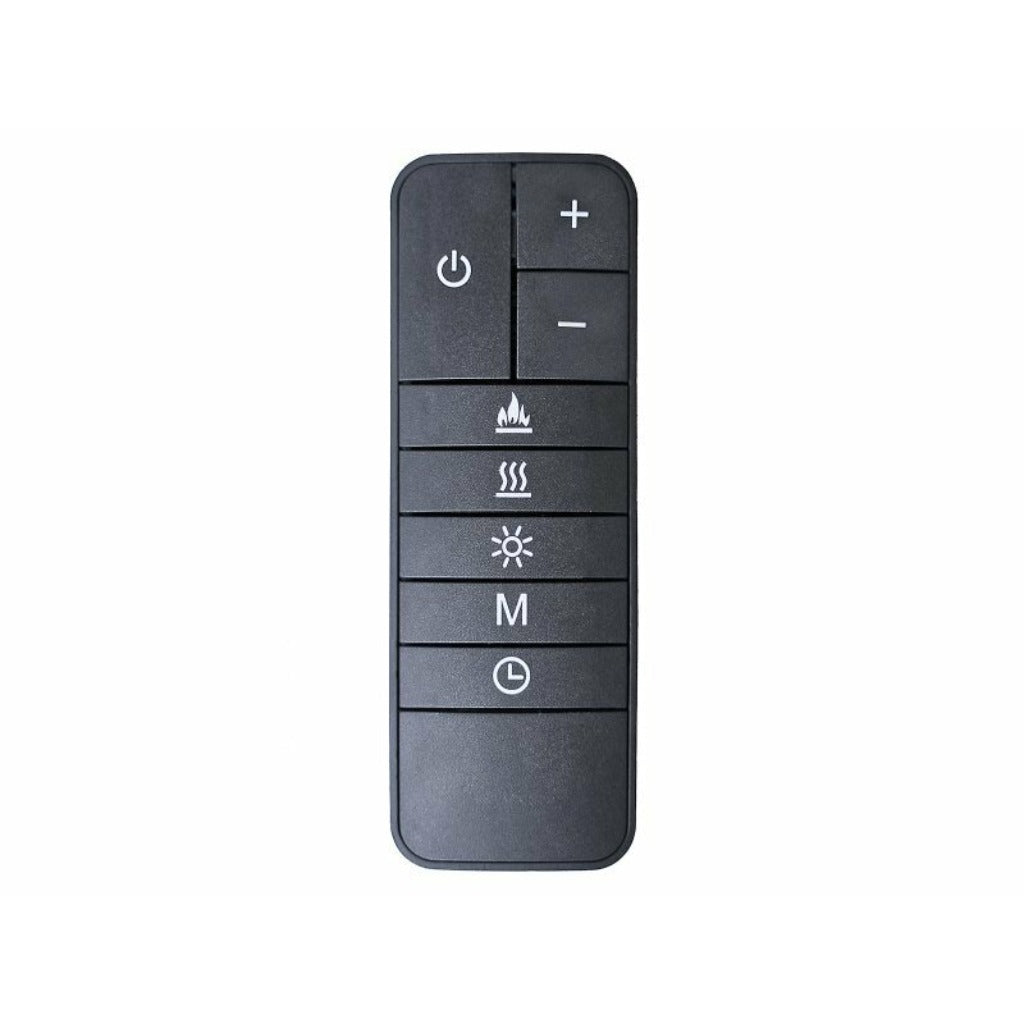 Black rectangular remote control for Sahara 22 Inch electric fire with power, heat, flame, and timer function buttons.