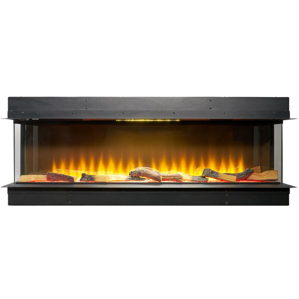 Sahara 51 inch electric inset media wall fire with a black frame, glass front, and realistic glowing log fuel bed.