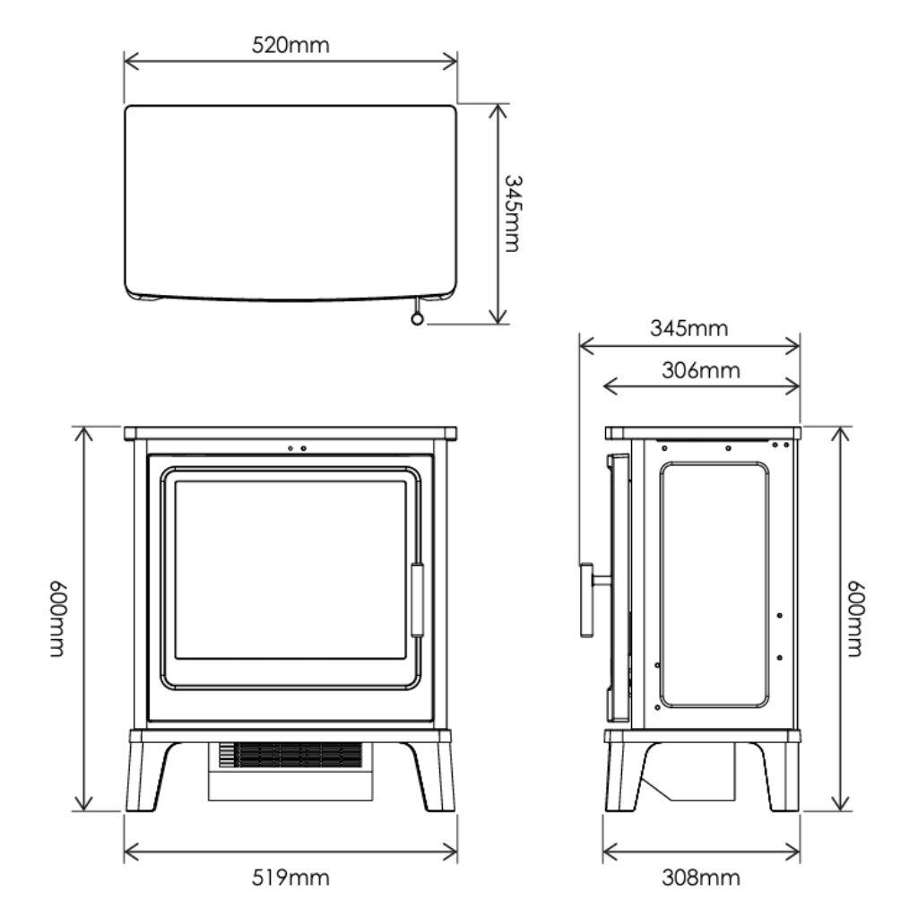 Technical line drawing of the Solution Fires Blackthorn Electric Stove showing front, side, and top dimensions.