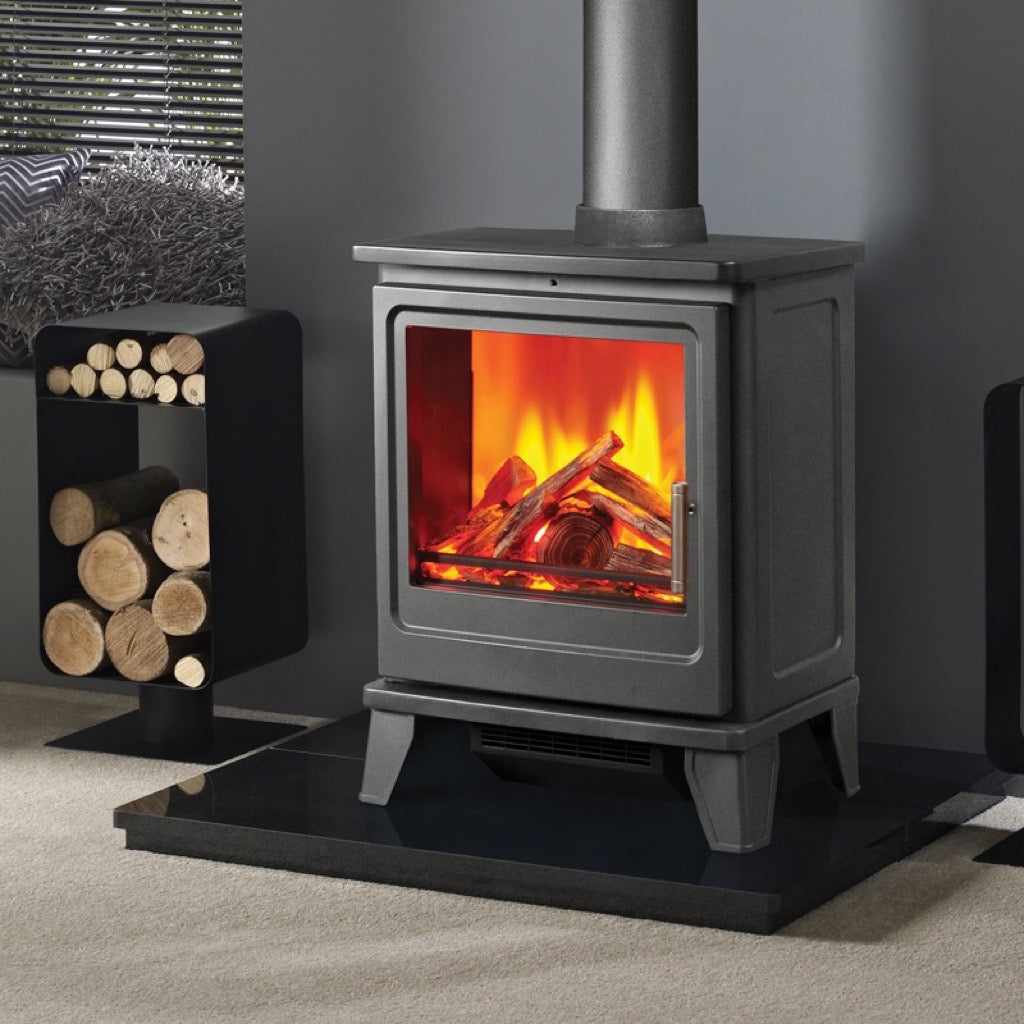 Solution Fires Blackthorn Electric Stove in matte black with a realistic log flame effect on a black hearth.