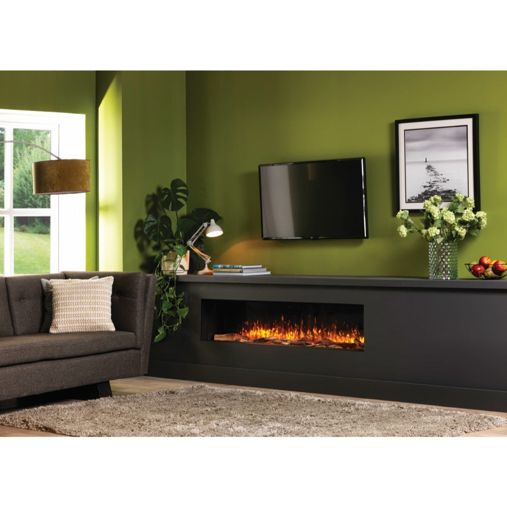 Solution SLE125 HD electric fire with realistic flames, set in a modern black media wall against a green living room wall.