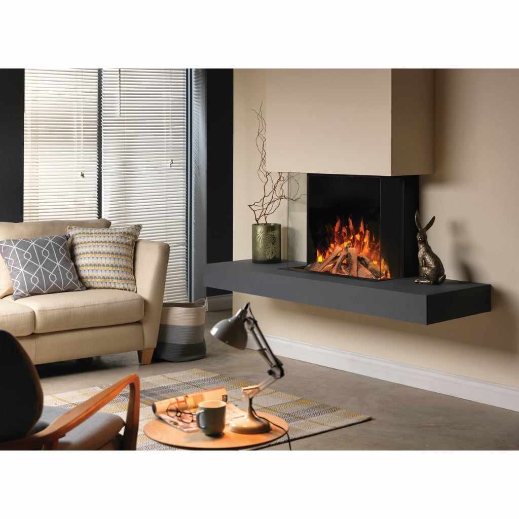 Solution SLE75 HD panoramic electric fire with a two-sided glass design, set into a modern grey floating media shelf.