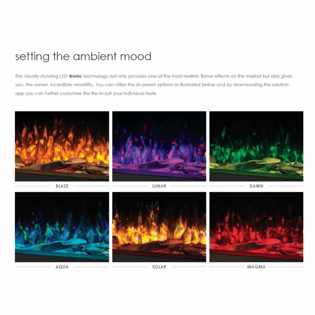 Solution SLE75 HD electric fire showing six different LED flame colour presets including orange, purple, green, and blue.