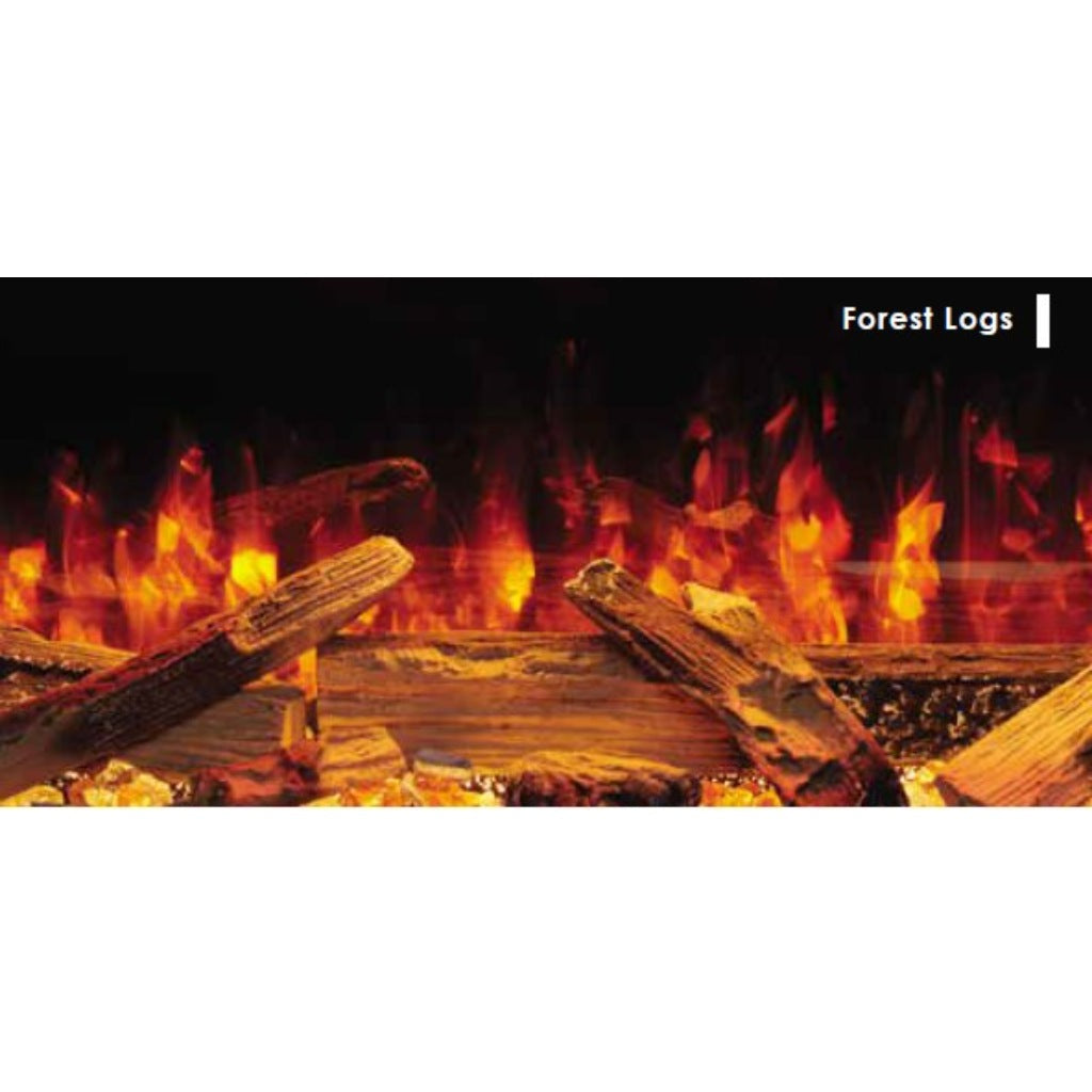 Solution SLE75 HD electric fire featuring a realistic forest log fuel bed with vibrant orange and red flame effects.