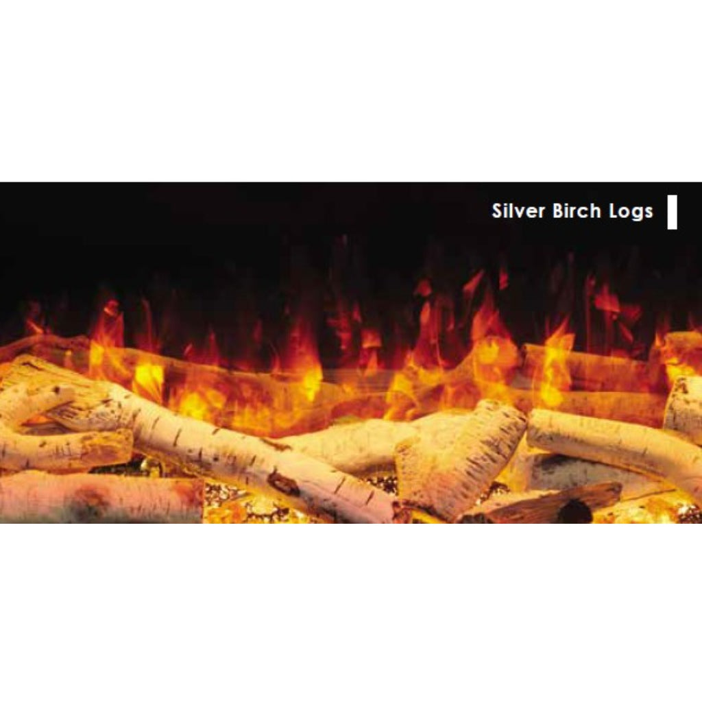 Solution SLE75 HD electric fire featuring realistic silver birch logs with glowing orange and red flame effects.