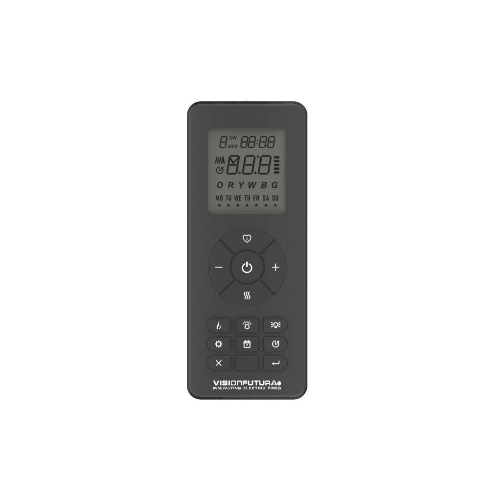 Black Vision Futura remote control with a digital LCD screen and touch-sensitive icons on a white background.