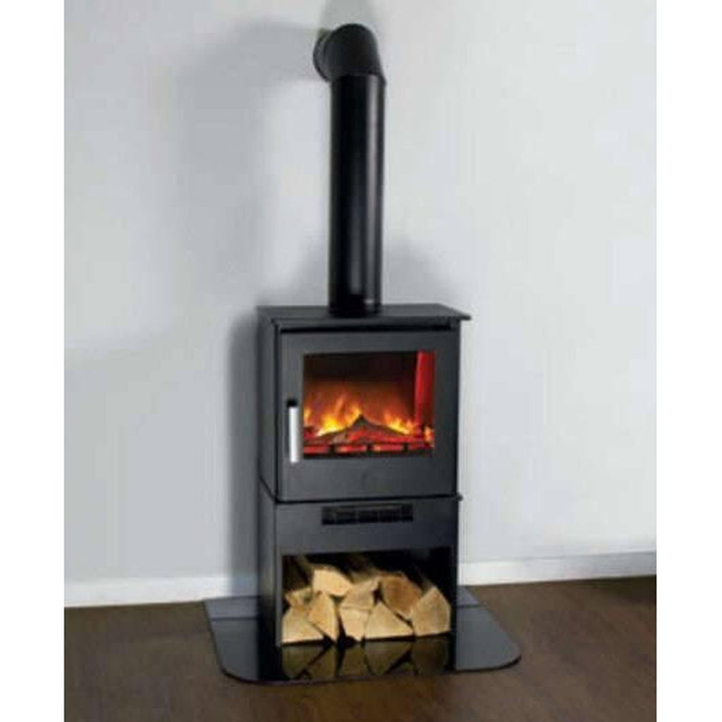 ACR Malvern HD electric stove in black with a log storage base, glass hearth, and glowing flame effect.