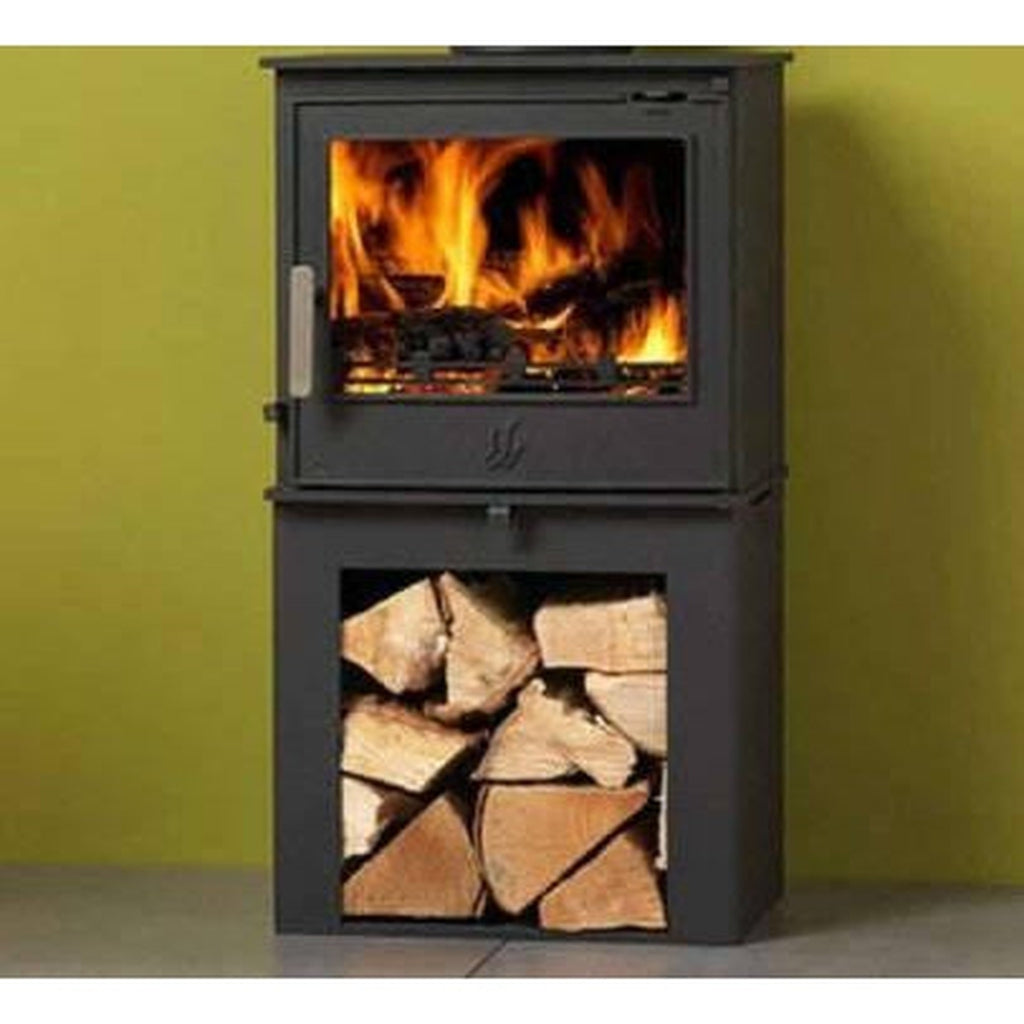 ACR Malvern HD electric stove in black with a large viewing window, realistic flames, and a log storage base.