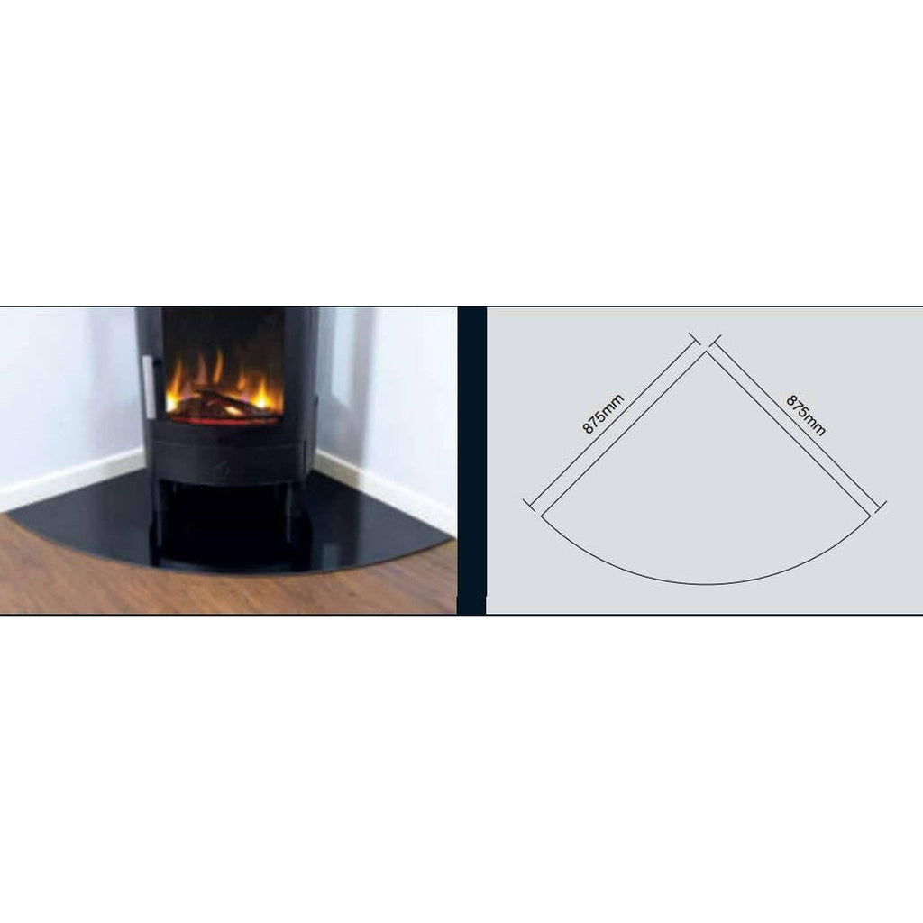 ACR Malvern HD Electric Stove on a black glass corner hearth with an 875mm dimension diagram.