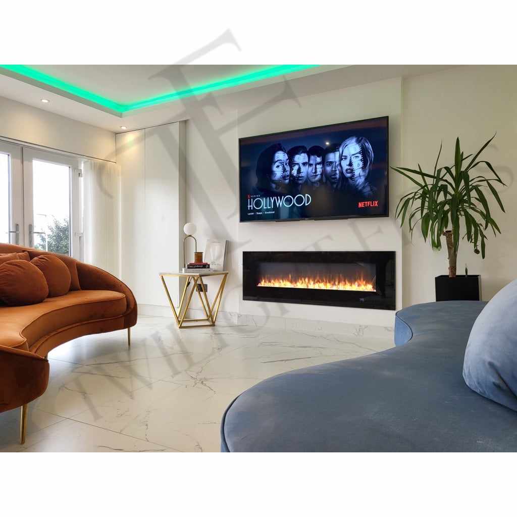 Aurora 50 Inch Media Wall Electric Fire Insert with a sleek black glass frame and realistic orange flame effect.