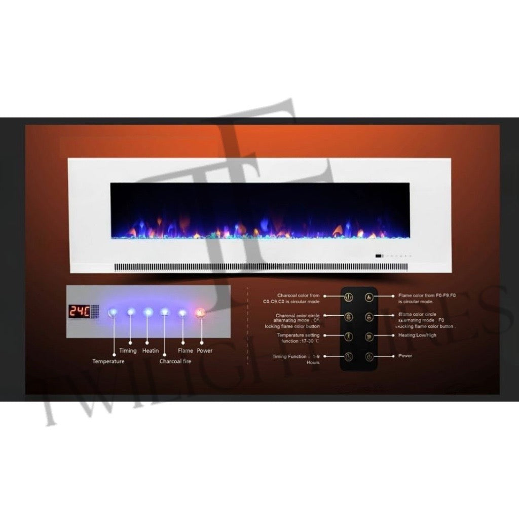Aurora 50 Inch Media Wall Electric Fire Insert with white frame, blue flame effect, and remote control interface.